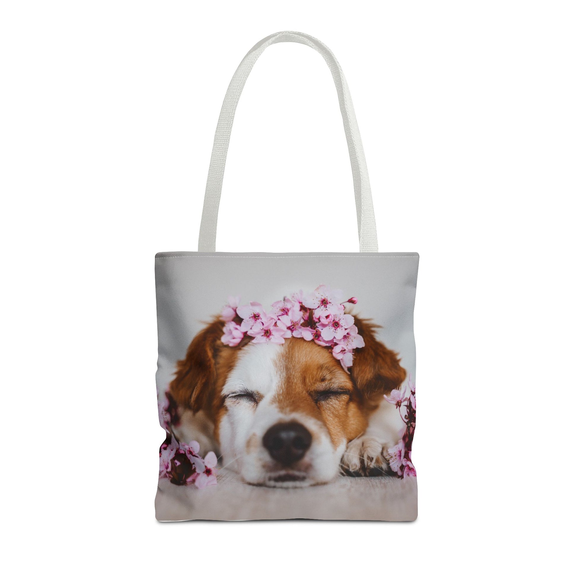 Dog With Pink Flowers Tote Bag With White Handles 16"x16"