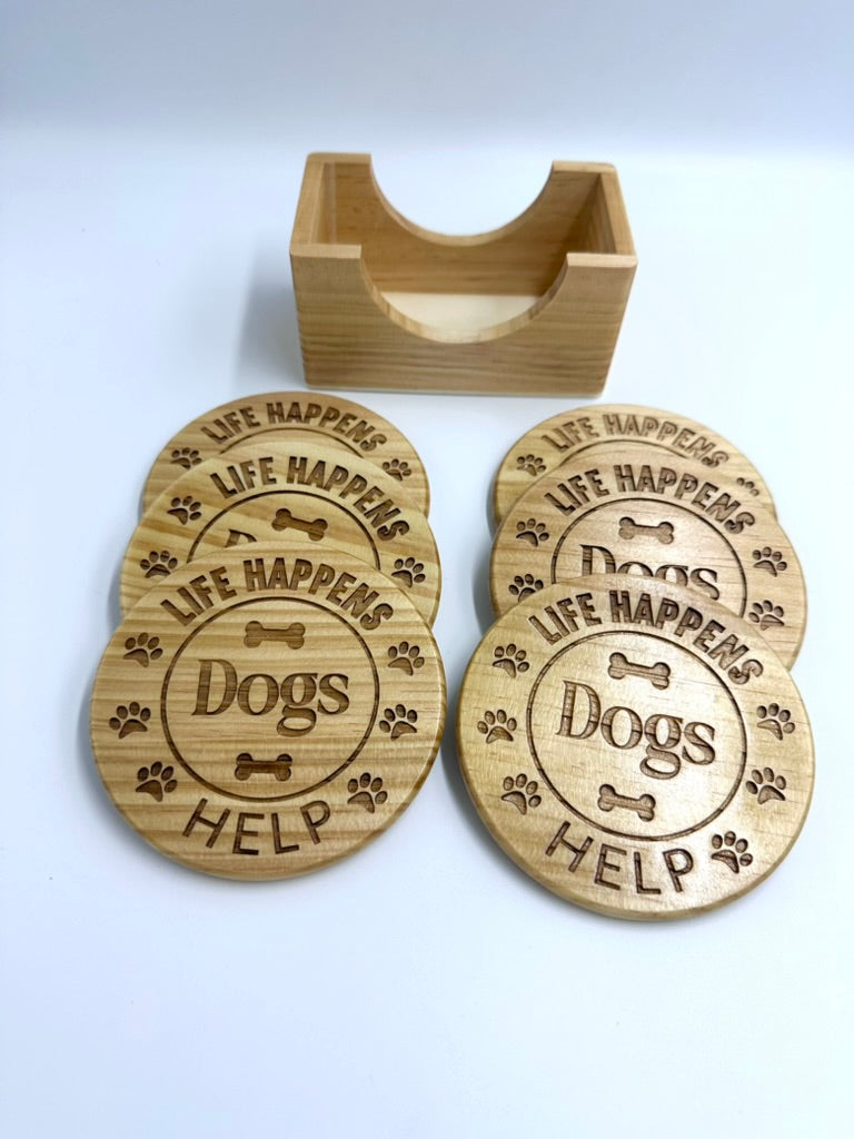 "Life Happens, Dogs Help - Set of 6 Wooden Drink Coasters with Holder"