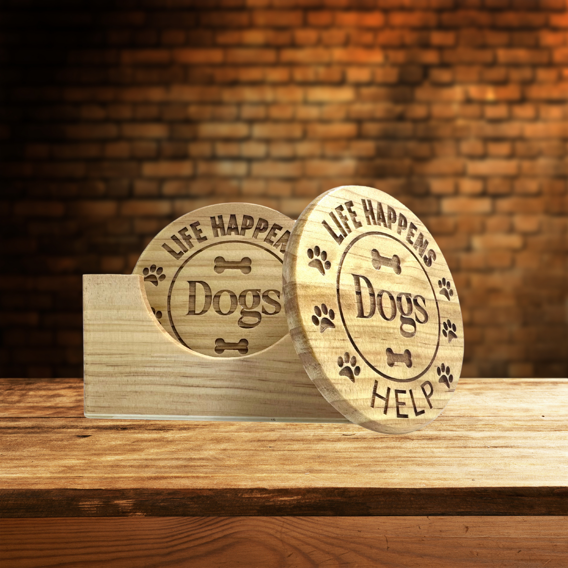"Life Happens, Dogs Help - Set of 6 Wooden Drink Coasters with Holder"